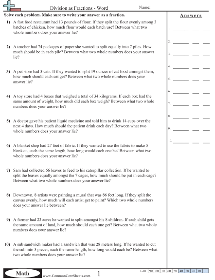 5.nf.3 Worksheets - Division as Fraction - Word worksheet